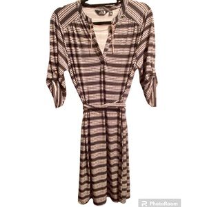 NWT Dress black and white stripe work career gold detail belt midi elbow sleevee